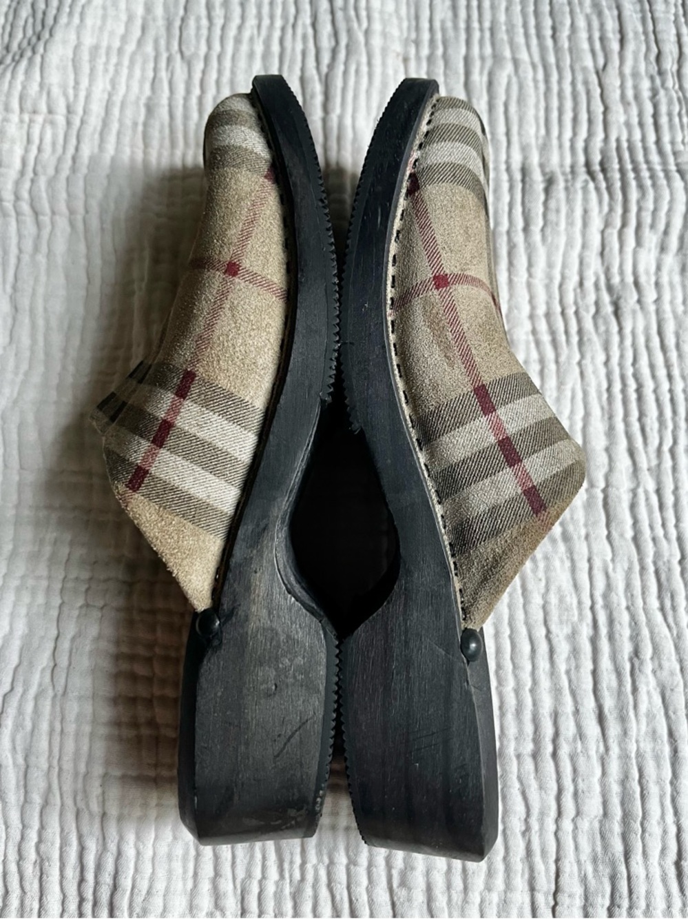 Vintage Burberry Tan Nova Check Plaid Wood Clogs Sz 38 - Picture 7 of 9